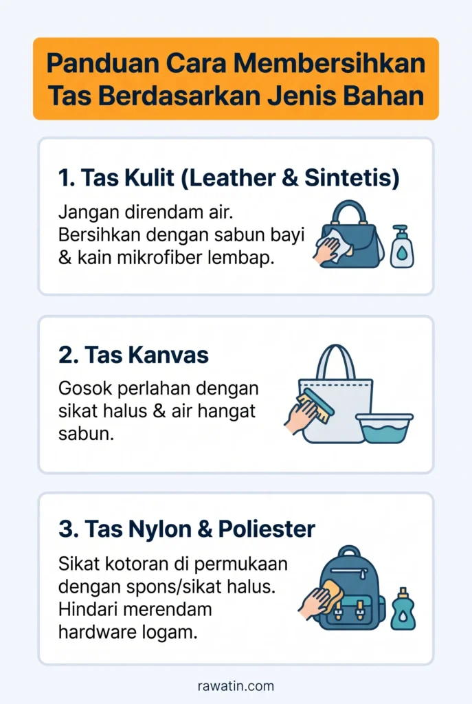 Infografis berisi tiga langkah praktis cara membersihkan tas berdasarkan bahannya: 1. Tas Kulit (Leather & Sintetis) dibersihkan dengan sabun bayi dan kain mikrofiber lembap tanpa direndam, 2. Tas Kanvas digosok perlahan dengan sikat halus dan air hangat sabun, 3. Tas Nylon & Poliester disikat pada permukaan kotor dengan spons atau sikat halus tanpa merendam bagian logam.