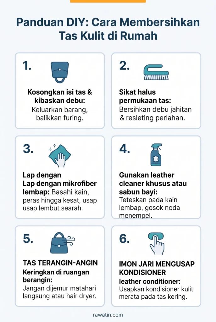 Sebuah infografis flat design berjudul "Panduan DIY: Cara Membersihkan Tas Kulit di Rumah" yang menampilkan enam langkah terstruktur: 1. Mengosongkan tas, 2. Menyikat halus permukaan, 3. Mengelap dengan mikrofiber lembap, 4. Menggunakan leather cleaner khusus, 5. Mengeringkan di ruangan berangin, dan 6. Mengoleskan leather conditioner. Setiap langkah dilengkapi dengan ikon ilustratif dan teks penjelasan singkat. Di bagian paling bawah infografis terdapat tulisan "rawatin.com".