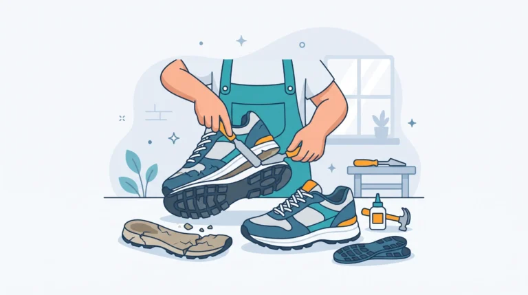 Ilustrasi proses perbaikan sepatu sneakers oleh teknisi, memperlihatkan sol sepatu lama yang hancur dan pecah dibanding sol outsole baru yang siap dipasang menggunakan peralatan reparasi profesional.