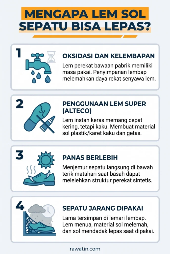 Infografis vertikal yang menjelaskan empat penyebab utama lem sol sepatu lepas, meliputi oksidasi dan kelembapan, penggunaan lem super Alteco, paparan panas berlebih, serta kondisi sepatu yang jarang dipakai.