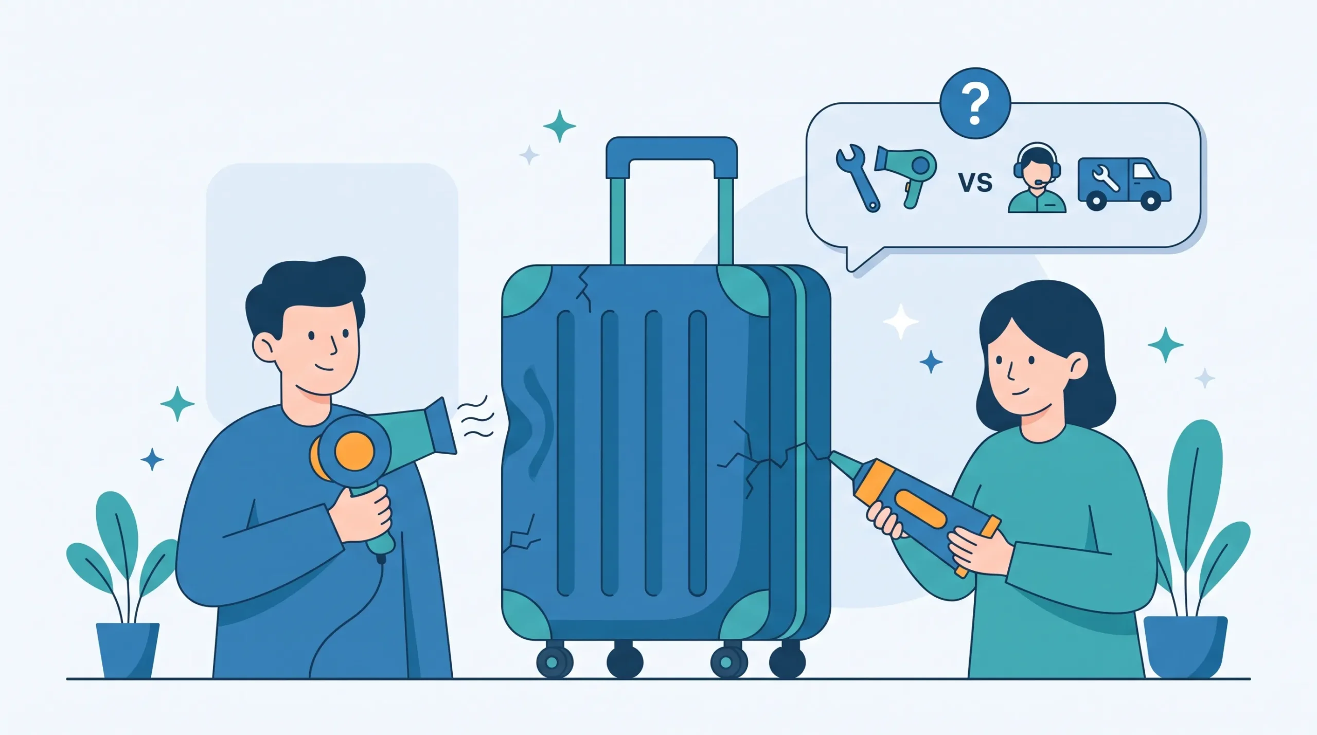 Ilustrasi perbandingan antara memperbaiki koper hardcase penyok sendiri di rumah menggunakan hairdryer dengan menyerahkan penanganan kerusakan bodi retak ke layanan jasa reparasi koper profesional.