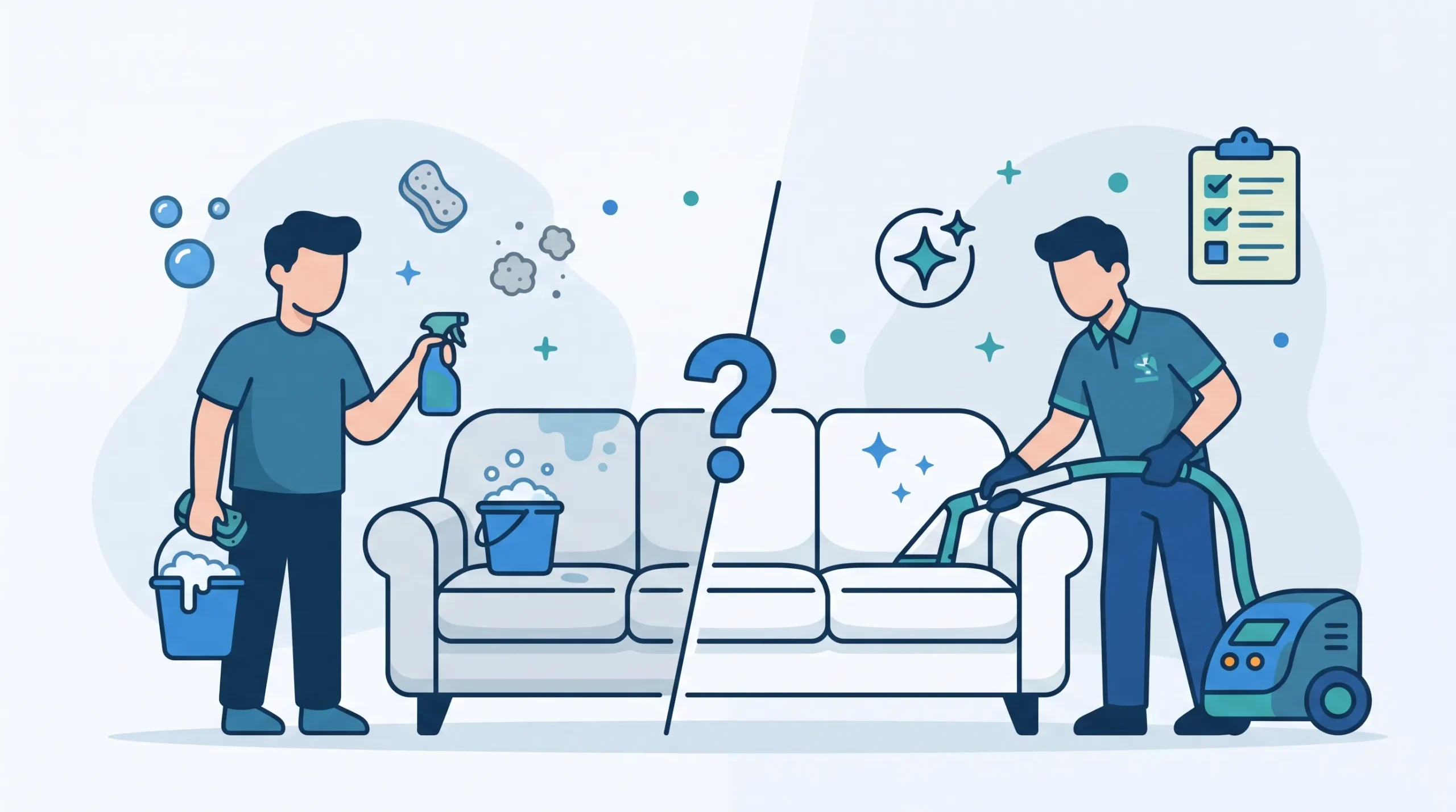 Ilustrasi perbandingan antara membersihkan sofa sendiri di rumah menggunakan semprotan dan ember busa dengan menyerahkan perawatan sofa ke teknisi jasa cuci sofa profesional memakai mesin vacuum ekstraktor.