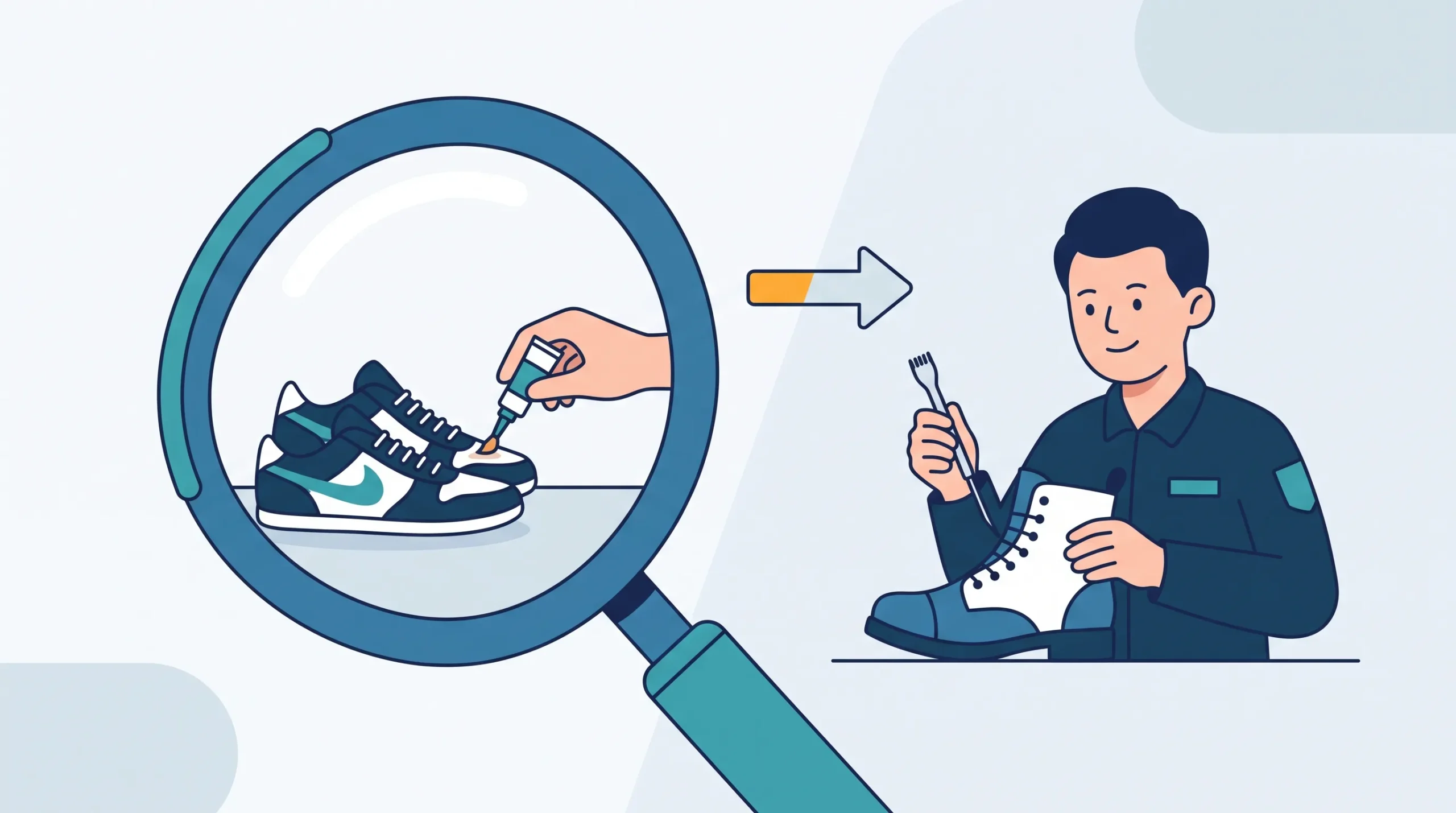 Ilustrasi perbandingan antara membetulkan sepatu sendiri menggunakan lem darurat dengan pengerjaan reparasi struktural secara profesional oleh teknisi workshop.