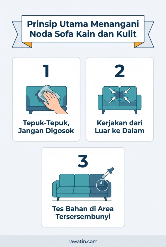 Infografis ilustratif yang menjelaskan tiga prinsip utama dalam menangani noda pada sofa kain dan kulit, mencakup teknik menepuk noda, membersihkan dari luar ke dalam, dan melakukan tes bahan di area tersembunyi, dengan tampilan ikon yang bersih dan modern.