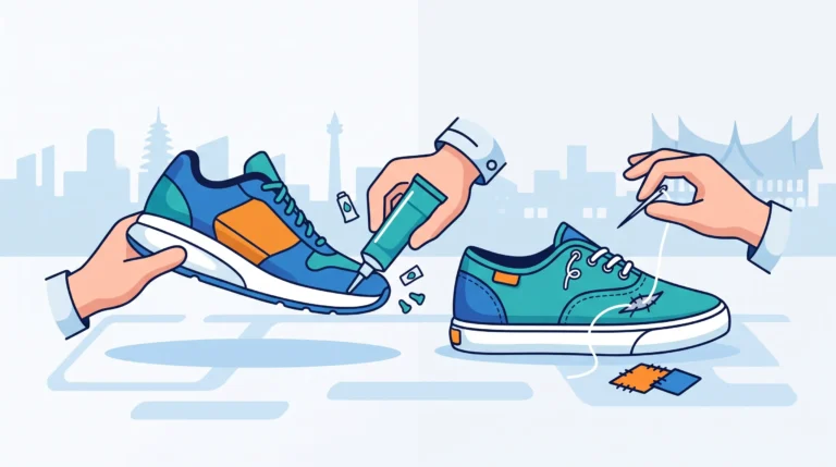 Ilustrasi flat vector yang menunjukkan dua metode reparasi sepatu berbeda: tangan kiri sedang mengoleskan lem pada sol sepatu lari yang lepas, sementara tangan kanan melakukan proses penjahitan pada bahan upper sepatu kanvas yang sobek.