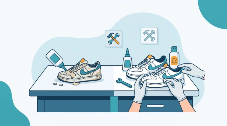 Ilustrasi flat vector perbandingan risiko perbaikan sepatu branded sendiri menggunakan lem yang meluber dan merusak bahan vs penanganan rapi oleh jasa reparasi profesional berpengalaman.