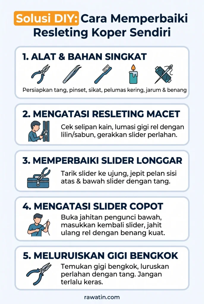 Infografis panduan praktis lima langkah untuk memperbaiki resleting koper sendiri di rumah, mulai dari persiapan alat, mengatasi resleting macet, memperbaiki slider longgar atau copot, hingga meluruskan gigi resleting yang bengkok.